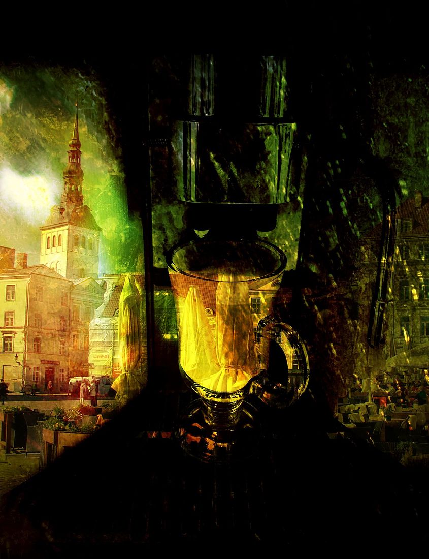 Irina Warm Vision. Warm Vision. Art. A cup of Tallinn memories The basis for the creation of this photo was a simple photograph of a cup of cappuccino on the stand of a coffee machine. Later, I got the idea to create windows from its side flaps that reflect the peaceful life of the beautiful street of Tallinn’s Old Town and in the cup itself filled with memories of these pleasant moments and architecture. I also wanted to create a retro color effect. Here two photos are mixed and processed.